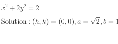 The solution to x^2+2y^2=2 is Ellipse with (h,k)=(0,0),a=sqrt(2),b=1